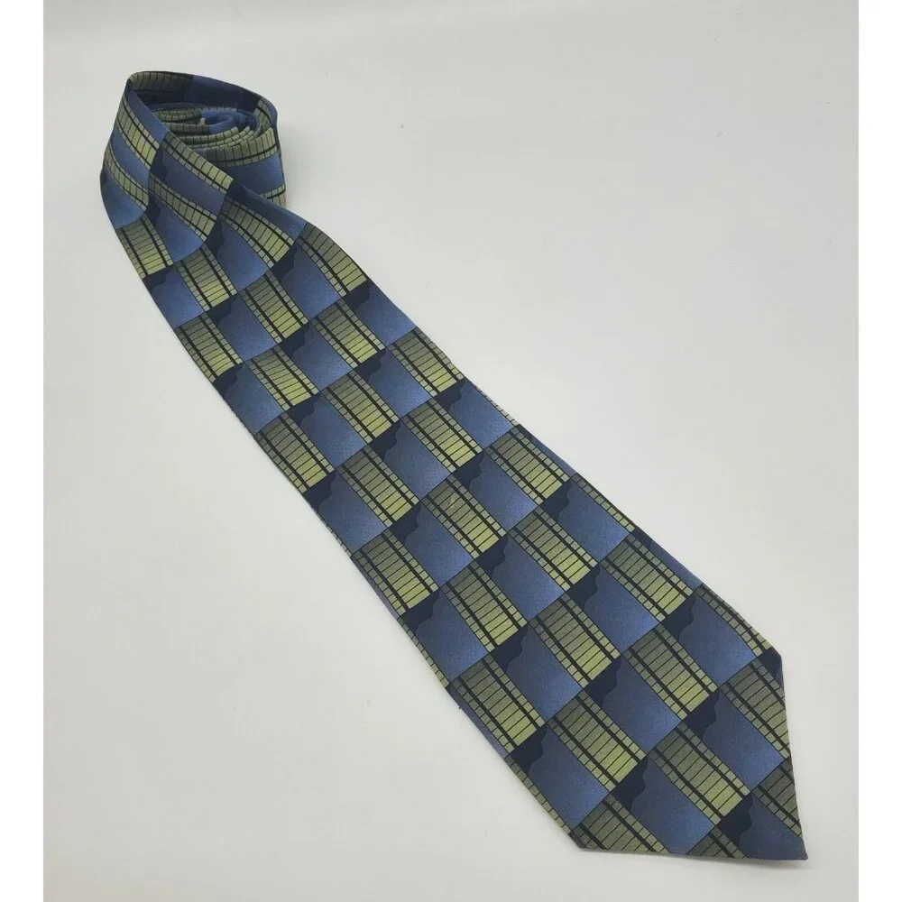 Vintage 90s Grateful Dead Tie Gray Green Big Railroad Blue Rectangle Printed Tie